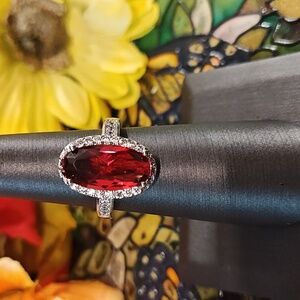 Ruby And Diamond (Faux) Halo Fashion Ring - Size 6 1/4